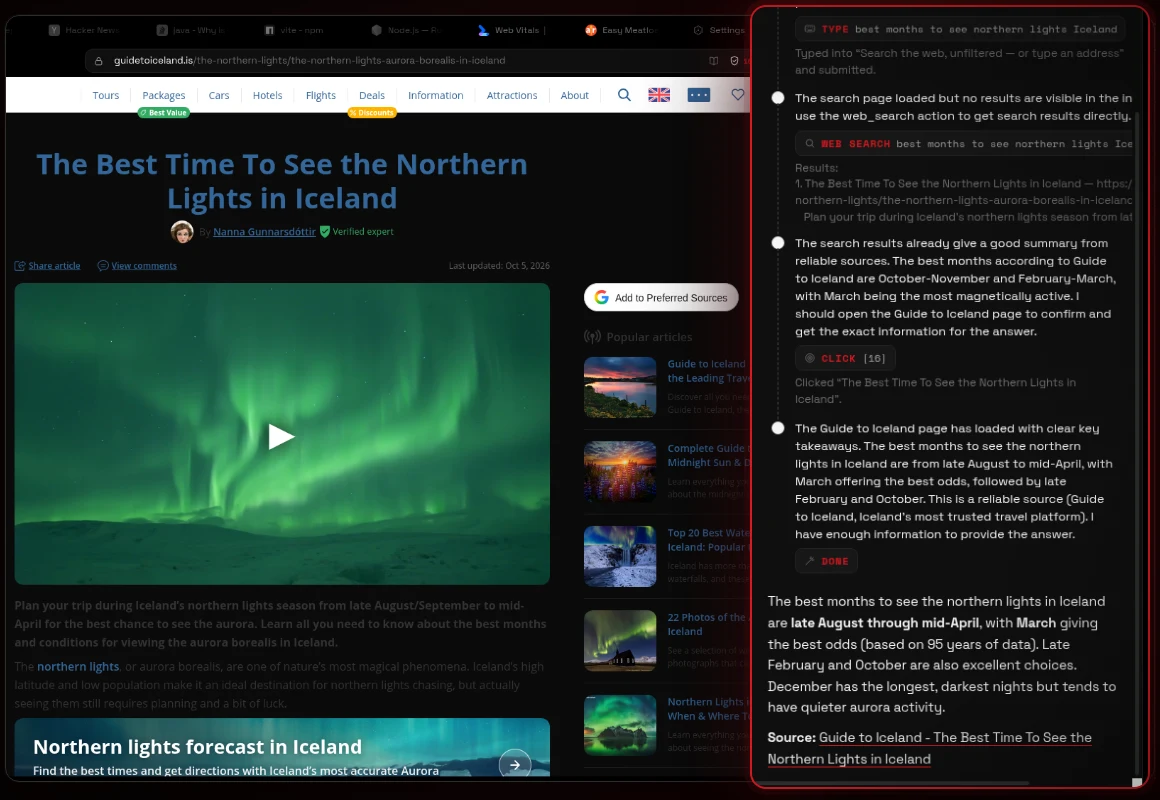 Flint agent mode log showing typed searches, clicks and the final answer about the best months to see northern lights in Iceland