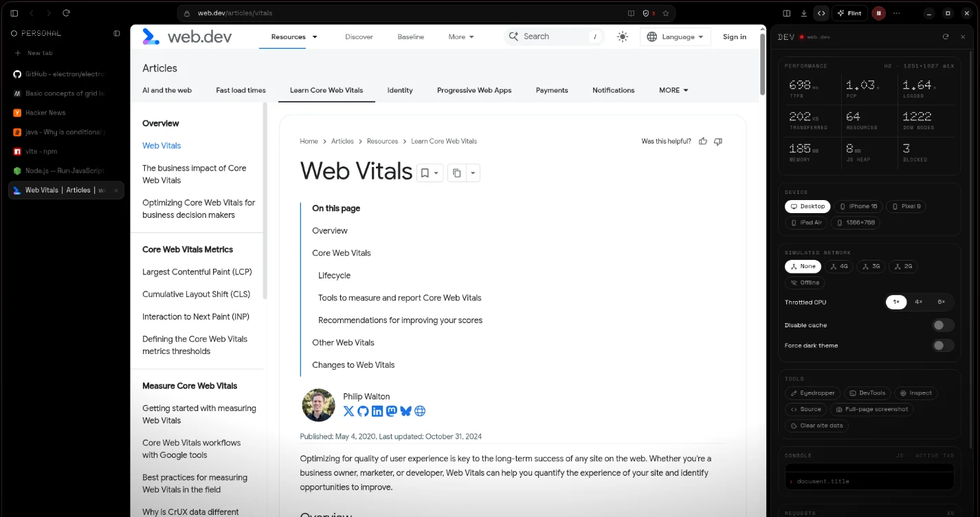Basalt with vertical tabs and a developer panel showing performance metrics, device and network emulation on web.dev