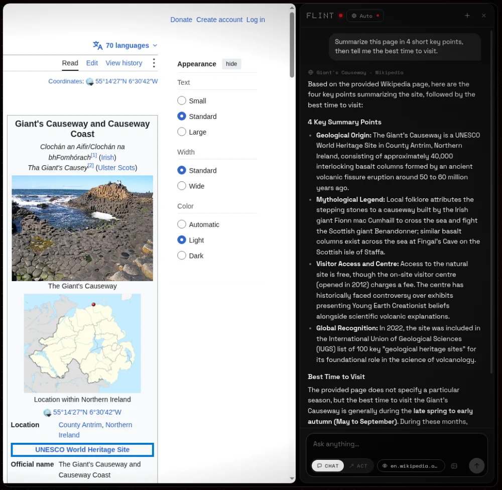 Flint sidebar summarizing a Wikipedia article about the Giant’s Causeway in four key points