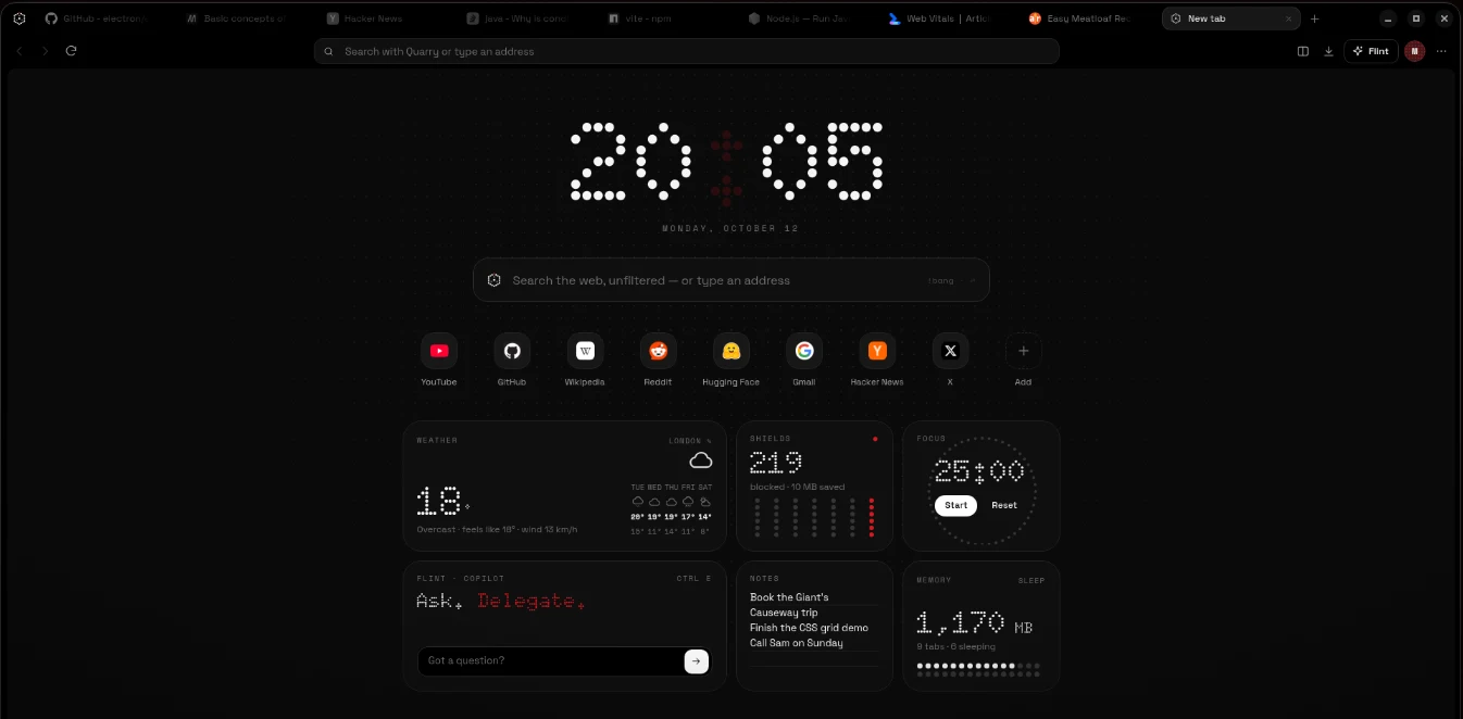 Basalt new tab page with a dot-matrix clock, search bar, shortcuts and widgets for weather, shields, focus timer, Flint, notes and memory