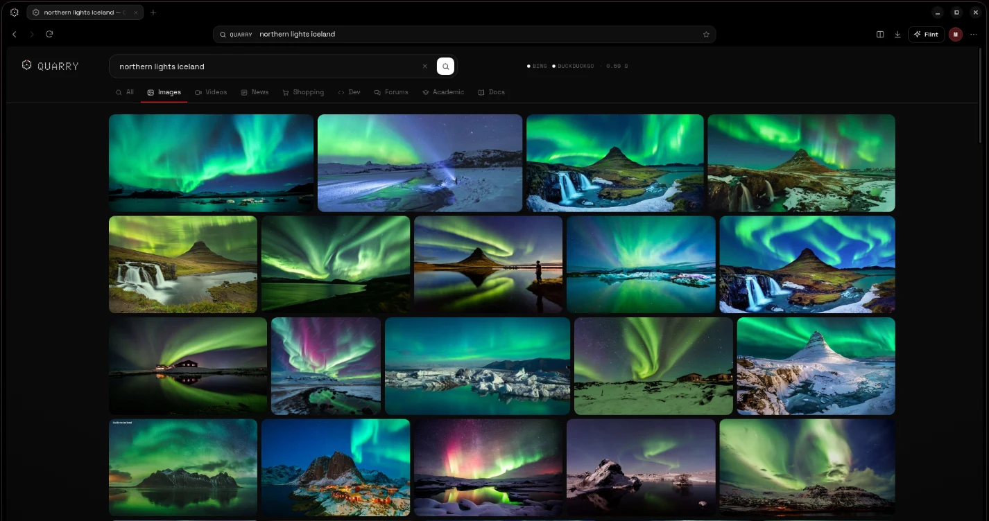 Quarry image search grid showing northern lights photos over Iceland