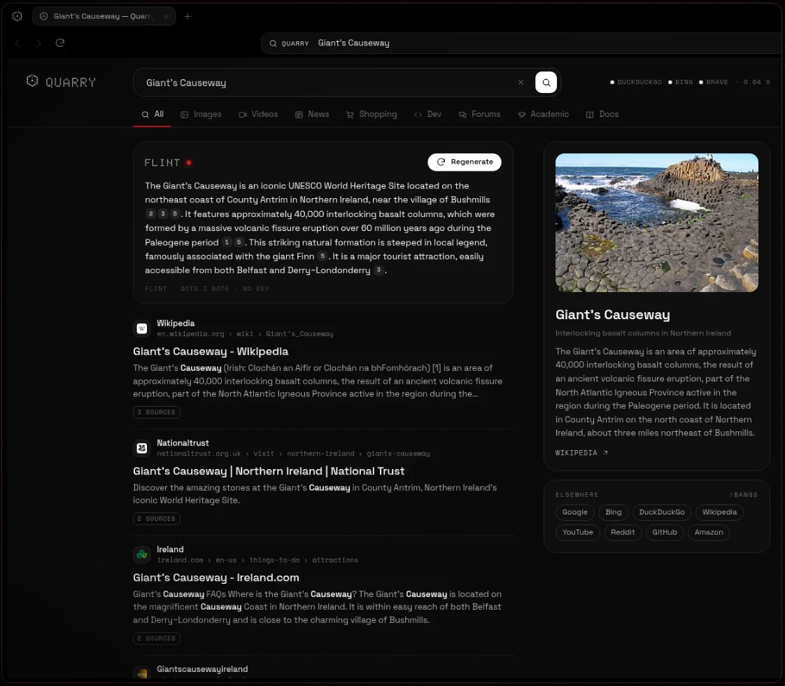 Quarry search results for Giant’s Causeway with a Flint AI summary, cited sources and a knowledge panel