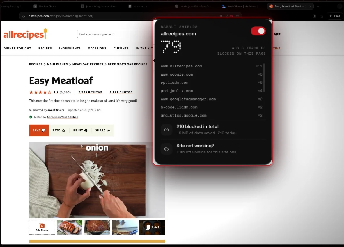 Basalt Shields panel on a recipe site showing 79 ads and trackers blocked and the list of blocked domains